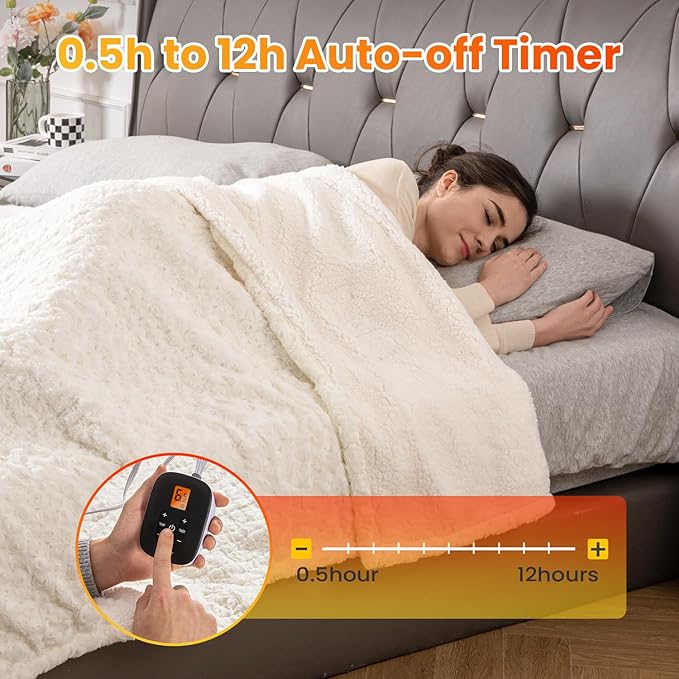 WOOMER Heated Blanket Full Size 77" x 84", Electric Blanket with a Control, 0.5-12 Hours Timer & 10 Heating Levels, ETL Certified, White Roses Patterns Faux Fur & Sherpa, Machine Washable