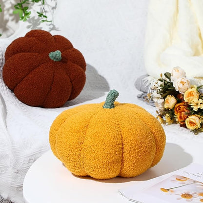 Kajaia 2 Pcs Pumpkin Pillow Plush 11 x 9.5 Inch 3D Cushion Fall Decorations Simulated Stuffed Throw Pillows for Halloween Thanksgiving Bedroom Sofa Couch Supplies (Yellow,Brown)