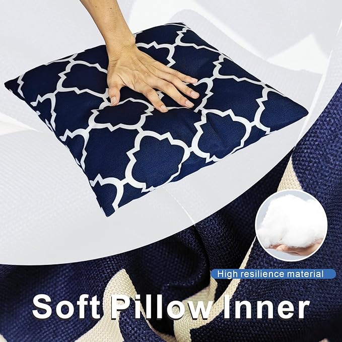JMGBird Water-Resistant Outdoor Pillows Set of 2, 18x18 inch Durable Navy Blue Grid Pattern Throw Pillows with Inserts for Patio Furniture