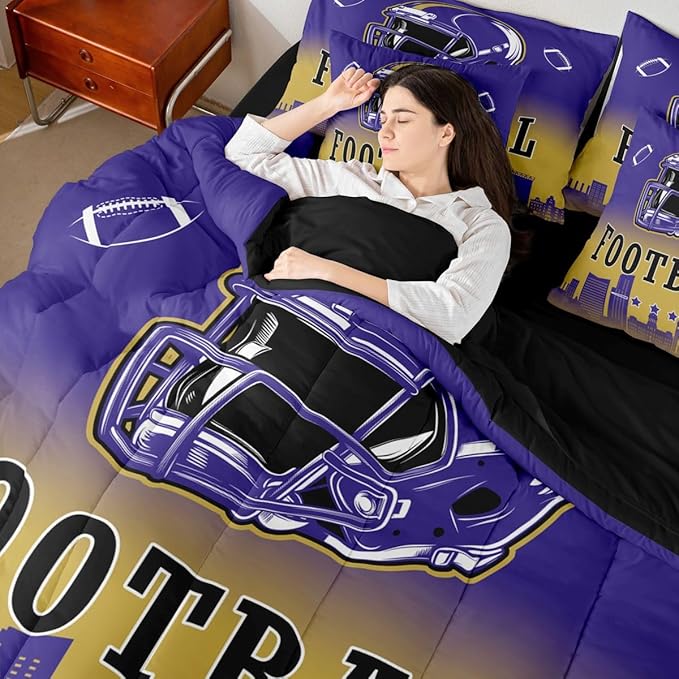 Erosebridal Kids Football Bed in A Bag Twin American Soccer City 7 Pcs Bedding Set for Boys Girls,Sports Rugby Navy Blue Comforter Set with Sheets Chic City Silhouette Ball Games Bed Set