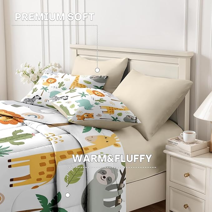 Nesker 5 Pcs Comforter Set Twin Size, Cute Wild Animals Colorful Bedding Set for Kids and Adults, Lion Elephant Giraffe Cartoon Bed Sheet Sets with Fitted Sheet Pillowcases & Shams