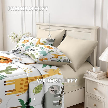 Nesker 5 Pcs Comforter Set Twin Size, Cute Wild Animals Colorful Bedding Set for Kids and Adults, Lion Elephant Giraffe Cartoon Bed Sheet Sets with Fitted Sheet Pillowcases & Shams