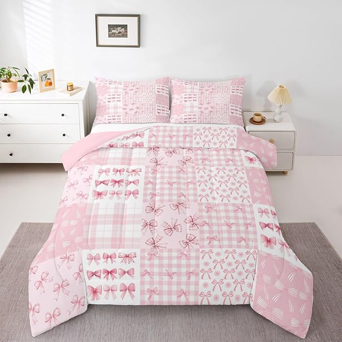 Feelyou Pink Bow Kids Comforter Set Twin Size Princess Bow Bedding Set Cute Bowknot Duvet Quilt for Kids Boys Girls Bedroom Kawaii Decor Microfiber Ultra Soft Breathable