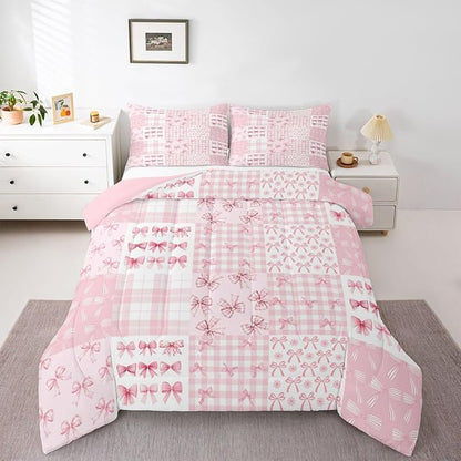 Feelyou Pink Bow Kids Comforter Set Queen Size Princess Bow Bedding Set Cute Bowknot Duvet Quilt for Kids Boys Girls Bedroom Kawaii Decor Microfiber Ultra Soft Breathable