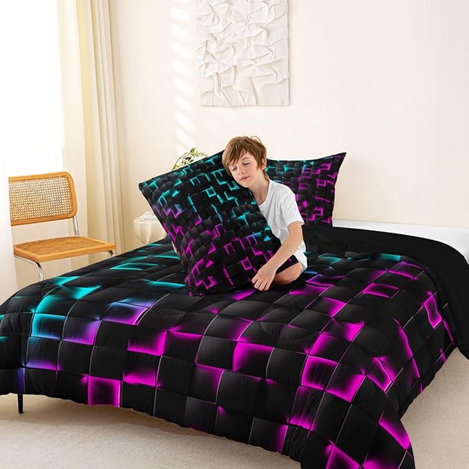 Erosebridal Geometric Checkered Comforter Set Full Neon Teal Purple Bedding Set for Kids Boys Teen Men Gamer Room Decor,Abstract Ombre Plaid Comforter Grids Quilt Duvet Black