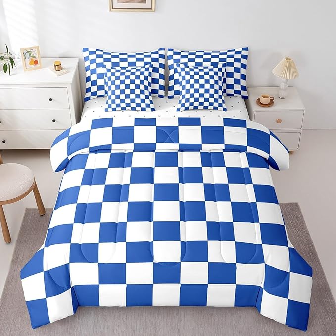 Feelyou Checkered Retro 7 Piece Bedding Set Teen Women Men Blue White Plaid Comforter Set with Sheets Full Size Kids Boys Geometric Vintage Bed in a Bag Modern Simple Groovy Aesthetic Room Decor