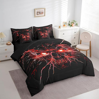 Erosebridal Gothic Bed in a Bag King Size Comforter Set 7 Pieces,Sugar Skull Bedding Set,Spooky Bone Goth Red Lightning Comforter and Sheet Set,Exotic Halloween Skeleton Decorations