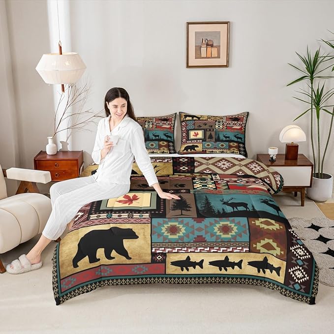 Rustic Cabin Bedding Comforter Sets Queen Size, Lodge Bear Bedding Sets, Southwestern Quilt Duvet Moose Deer Country Farmhouse Animal Wildlife Hunting Brown Patchwork Plaid Quilt, 2 Pillowcases