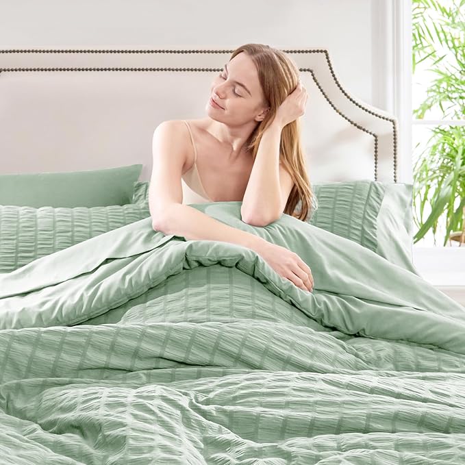 CozyLux Queen Comforter Set Sage Green Seersucker 7 Pieces Bed in a Bag Queen Comforter Set with Sheets Luxury Soft Bedding Set with Down Alternative Comforter, Sheets, Pillowcases & Shams All Season