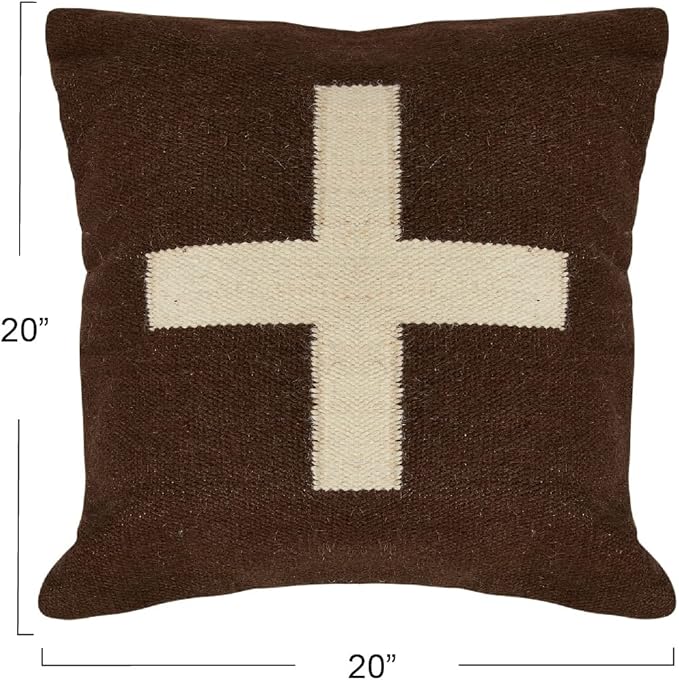 Creative Co-Op Swiss Cross Cotton Wool Throw Pillow, Brown