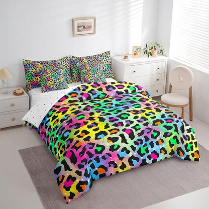 Feelyou Colourful Leopard Bedding Set for All Season Cheetah 7 Pieces Comforter Sets Queen Size Teens Room Decor Animal Print Bed in a Bag with Comforter, Sheets, Pillowcases & Cushion Cover
