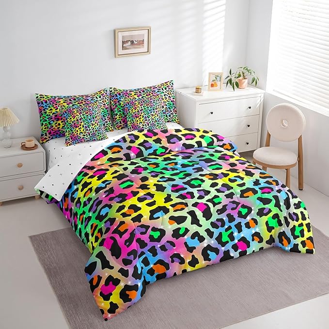 Feelyou Colourful Leopard Bedding Set for All Season Cheetah 7 Pieces Comforter Sets Full Size Teens Room Decor Animal Print Bed in a Bag with Comforter, Sheets, Pillowcases & Cushion Cover
