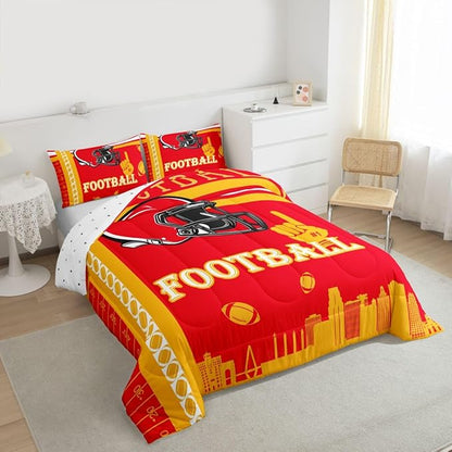 Feelyou Football Bedding Set Boys Girls Queen Size Women Men Rugby Sports Comforter Football City Duvet Quilt Yellow Red Room Decor