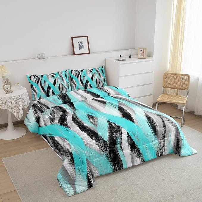 Erosebridal Geometric Turquoise Comforter King Modern Abstract Comforter Set Black Grey Teal Bedding Set for Kids Boys Girls Swirl Stripes Quilt Duvet Room Decor 3 Pcs