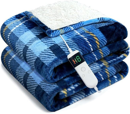 Electric Blanket Heated Queen, Soft Flannel 90"x84" Plaid Heating Blanket with 8 Hours Auto Off 10 Fast Heating Levels Machine Washable Sherpa Heated Blanket with Overheating Protection