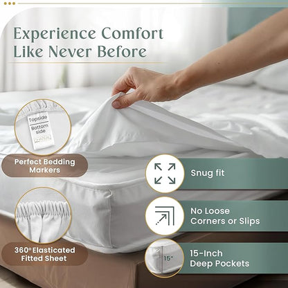 100% Egyptian Cotton Sheets Queen Size Bed Set, Deep Pocket Queen Sheet set, 800 Thread Count Sateen Cotton Bed Sheets, Cool Soft Breathable No Pill Elasticated Luxury White Bedding For All Seasons