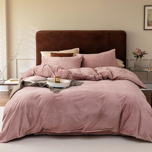 Cottonight Pink Velvet Comforter Set King Dusty Pink Flannel Bedding Comforter Set Winter Warm Blush Pink Heavyweight Warm Blanket Quilts Modern Winter Warm 3 Piece Velvet Comforter Set for King Bed