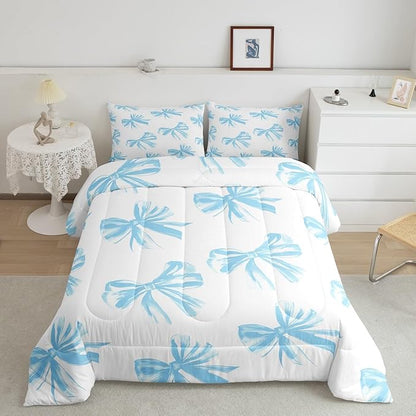 Erosebridal Bow Bedding Set Toddler Size,Blue Bowknot Comforter Set Bow Tie Bedding Comforter Sets for Kids Teen Adults Bedroom Decor,Watercolor Bowknot Blue White Duvet Insert