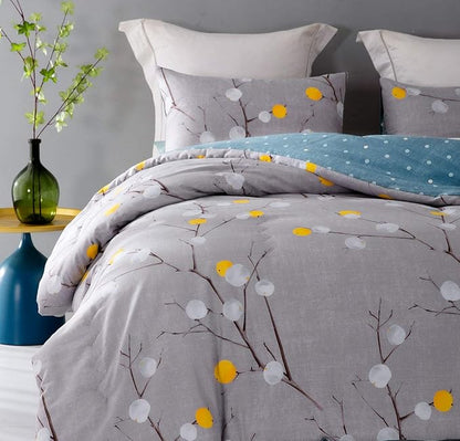 SLEEPBELLA Comforter Queen Size, 600 Thread Count Cotton Grey Branch with Yellow Turquoise Polka Dot Pattern Green Reversible Comforter Set,Down Alternative Bedding Set 3Pcs (Queen, Grey Branch)