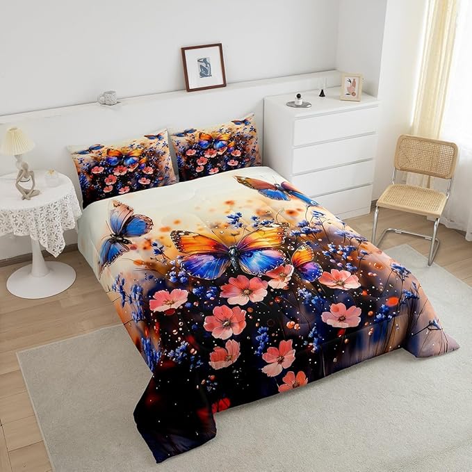 Feelyou Butterfly Comforter Set Full Size Butterflies Print Comforter for Boys Girls Teens Animal Bedding Set Butterfly Floral Duvet Set Room Decor Blue Purple Quilt Set