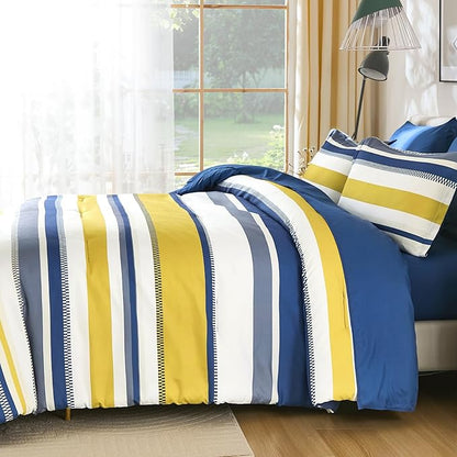 WONGS BEDDING Blue Comforter Queen Size Set, 7 Pieces Bed in a Bag Blue and Yellow Comforter Set, Soft Boho Striped Bedding Sets with Sheets, Pillowcases & Shams
