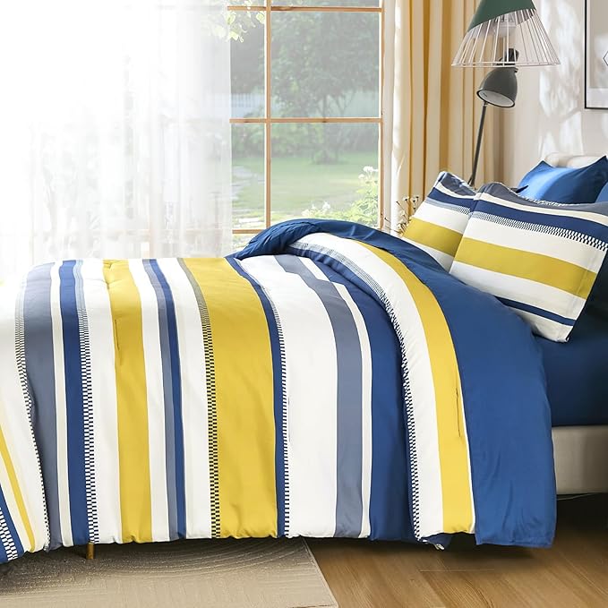 WONGS BEDDING Blue Comforter King Size Set, 7 Pieces Bed in a Bag Blue and Yellow Comforter Set, Soft Boho Striped Bedding Sets with Sheets, Pillowcases & Shams