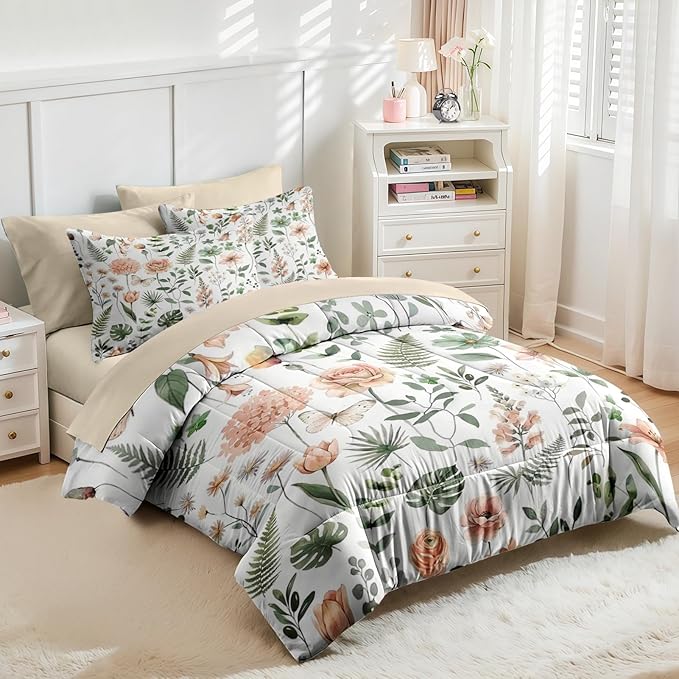 Nesker 5 Pcs Spring Comforter Set Twin Size, Green Floral Bedding Set for Kids and Adults, Fern Rose Tulip Bed Sheet Sets with Fitted Sheet Pillowcase & Sham