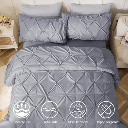 JOLLYVOGUE Queen Comforter Set 7 Pieces - Bed in a Bag Queen for All Season, Pintuck Bedding Comforter Sets with Comforter, Flat Sheet, Fitted Sheet and Pillowcases & Shams, Light Grey