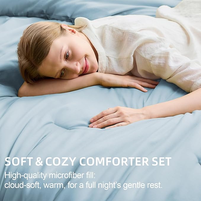 FUANNA Queen Comforter Set Light Blue, 7 Pieces Soft Bedding Sets Queen Size, All Season Lightweight Bed in a Bag with Comforter, Flat Sheet, Fitted Sheet, Pillowcases & Shams