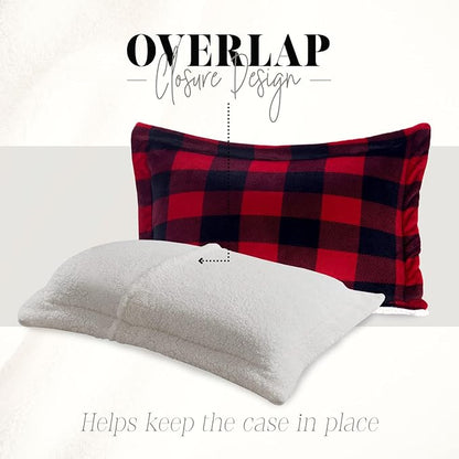 Elegant Comfort 3-Piece Buffalo Lodge-Plaid Comforter Set, Luxurious, Heavyweight, All Season, Down Alternative-Micromink Sherpa-Backing Reversible Micro-Suede, Soft and Plush, Queen, Burgundy/Black