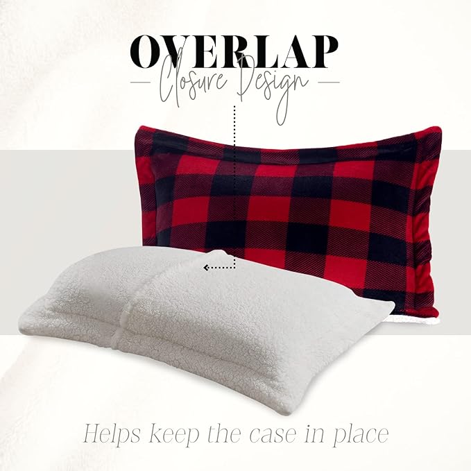 Elegant Comfort 3-Piece Buffalo Lodge-Plaid Comforter Set, Luxurious, Heavyweight, All Season, Down Alternative-Micromink Sherpa-Backing Reversible Micro-Suede, Soft and Plush, Twin XL, Burgundy/Black