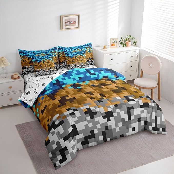 Pixelated Miners Gaming 7pcs Comforter Set Twin Size,Blue Brown Grey Bedding Sets Kids Boys Teens Room Decor,Construct Theme Games Flat + Fitted Sheet Geometric Block 2 Cushion Cover,2 Pillowcase