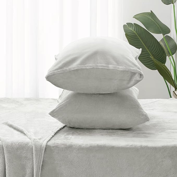 BEDELITE Flannel Sheets King Size Light Grey - Super Soft Fleece Sheets Set Fluffy Extra Plush, 4 Piece(Include Fitted Sheet, Flat Sheet, 2 Pillowcases)