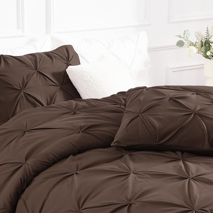Andency Brown Queen Comforter Set, 3 Piece All Season Decorative Pintuck Bedding Comforter & Sets, Brown Soft Microfiber Lightweight Washable Bed Set for Queen Size Bed