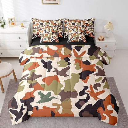 Erosebridal Camouflage 7 Pcs Comforter Set Full Size Camo Bedding for Kids Hunting Farmhouse Camping Bed in A Bag Sheet Set Vintage Green Army Room Decor Wild Duck Rustic Animal Bed Set