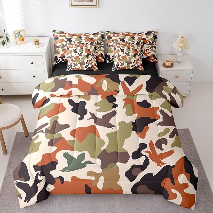 Erosebridal Camouflage 7 Pcs Comforter Set King Size Camo Bedding for Kids Hunting Farmhouse Camping Bed in A Bag Sheet Set Vintage Green Army Room Decor Wild Duck Rustic Animal Bed Set