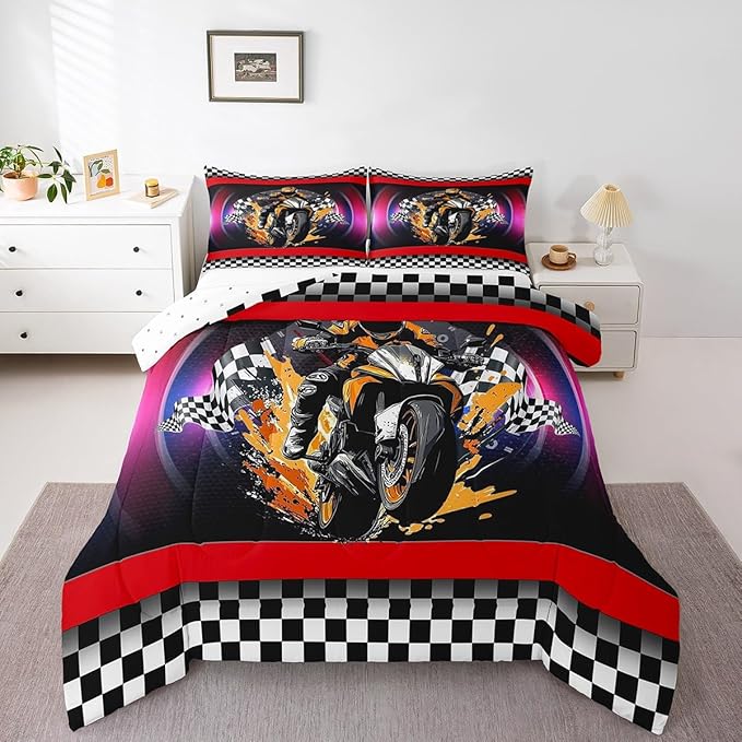 Feelyou Dirt Bike Comforter Set Full Size Flag Comforter for Boys Girls Teens Racing Motocross Rider Bedding Set Extreme Sports Duvet Set Room Decor Black Purple Quilt Set