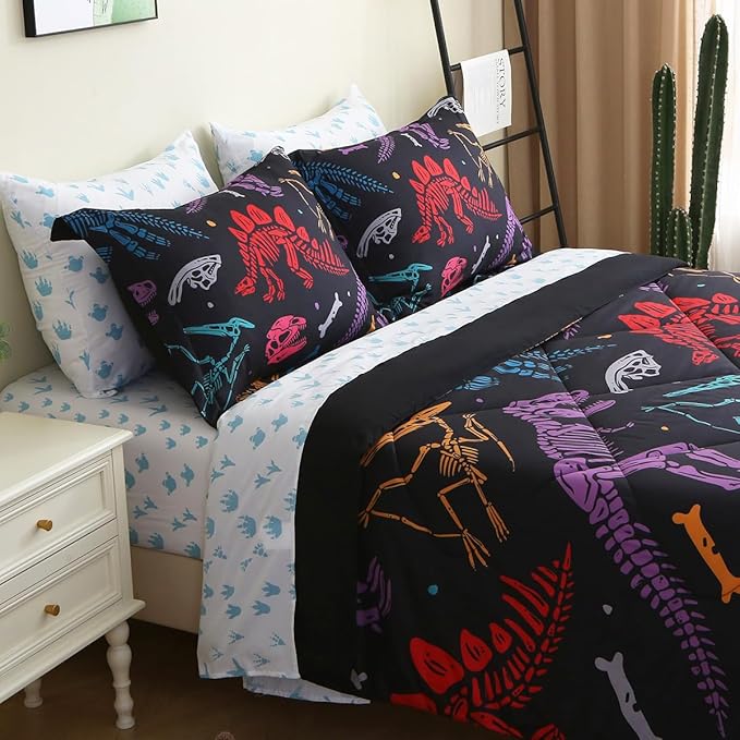 7 Piece Boys Dinosaur Comforter Set Queen Size 3D Black Dinosaur Skeleton Bedding Set for Toddler Kids Teens Christmas Birthday Gift