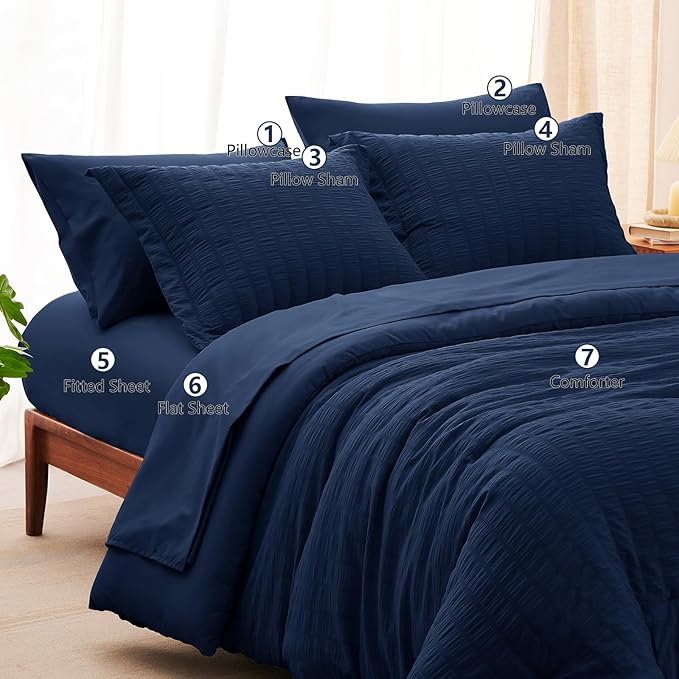 CozyLux Oversized King Comforter Set Navy Blue Seersucker 7 Pieces Bed in a Bag King Comforter Set with Sheets, Luxury Soft Bedding Set with Down Alternative Comforter, Sheets, Pillowcases & Shams
