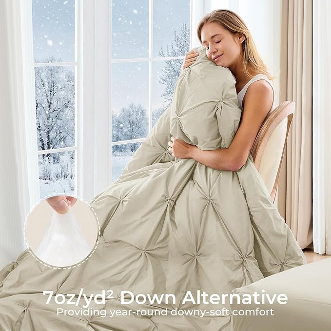 Sasttie Queen Comforter Set, 7-Piece Bed in a Bag, Pintuck Bedding Sets for All Season, Includes Comforter, Flat Sheet, Fitted Sheet, Pillowcases and Pillowshams, Linen