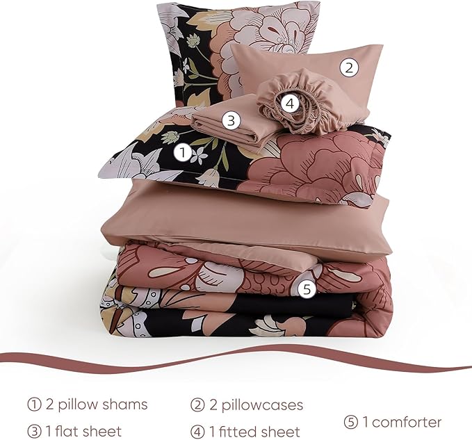 DJY 7 Pieces Black Floral Comforter Set King Size Blush Pink Botanical Bed in a Bag, Soft Microfiber Boho Farmhouse Bedding Floral Comforter with Sheets Set for All Season (104''x90'')