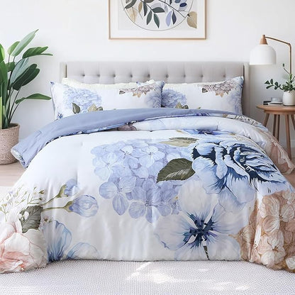 Floral Comforter Set King Size, 3 Pieces Elegant Blue Floral Bed in a Bag, Soft Microfiber Botanical Flower Bedding Set with 2 Pillowcases for All Season 104"×90"