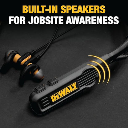 DEWALT Heavy Duty Black Edition 2-in-1 Neckband Bluetooth Headphones w/Built-in Speakers, Jobsite Wearable Speaker & Around Neck, Wireless Headset, 60+ Hrs Hands-Free Music & Calls, Carry Pouch