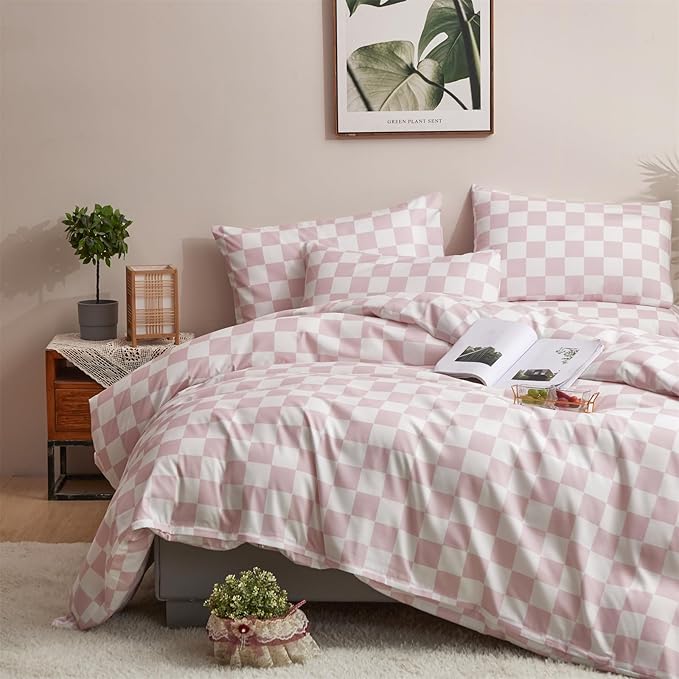 Houseri White Plaid Comforter Set - Twin Size, Girls & Boys, Pink Grid & Checkerboard Pattern, Soft & Comfy, Perfect for Kids & Dorm Beds