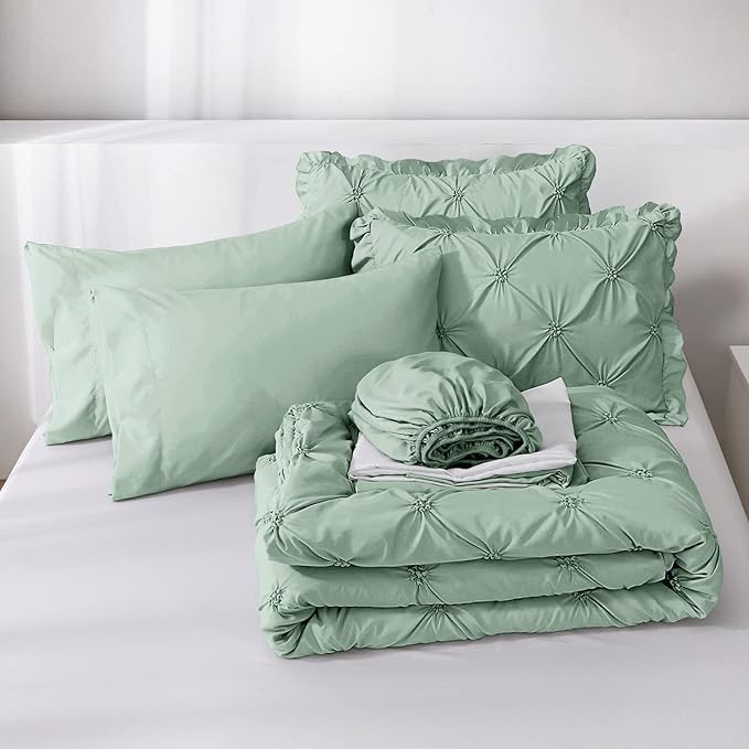 JOLLYVOGUE Queen Comforter Set 7 Pieces, Green Bed in a Bag Comforter Set for Bedroom, Bedding Comforter Sets with Comforter, Sheets,Ruffled Shams & Pillowcases