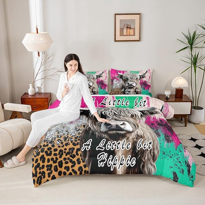 Erosebridal Highland Cow Bedding Set Leopard Print Down Comforter for Boys Teens,Hippie Bull Cattle Comforter Set Wildlife Farmhouse Cow Duvet Filler,Western Funny Animal Room Decor Queen Size