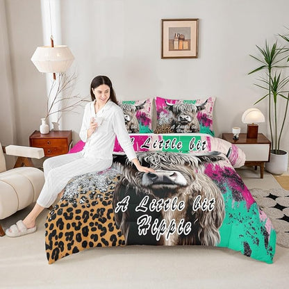 Erosebridal Highland Cow Bedding Set Leopard Print Down Comforter for Boys Teens,Hippie Bull Cattle Comforter Set Wildlife Farmhouse Cow Duvet Filler,Western Funny Animal Room Decor Queen Size