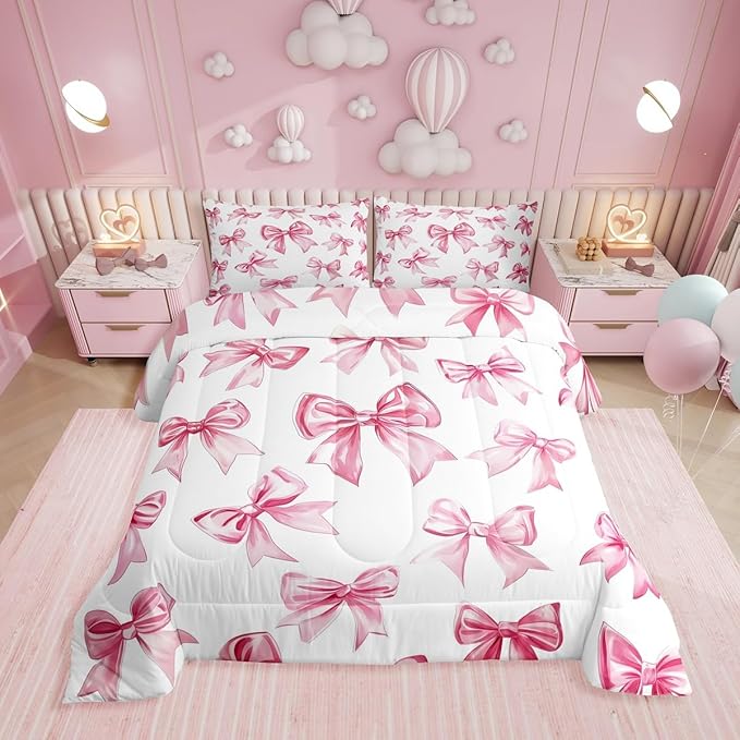 Erosebridal Kawaii Bowknot Girls Bedding Set Dreamy Princess Style Comforter Set King for Kids Teen Women,Girly Cute Bow Bedding Comforter Sets Pink Bow Tie Bed Duvet Set 2 Pillow Cases