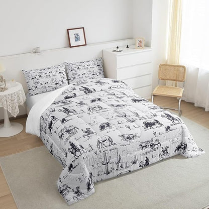 Feelyou Western Comforter Set King Size, White and Black Cowboy Cow Bedding Set Cowboy Comforter Desert Cactus Duvet Set Soft Bed Set 3Pcs