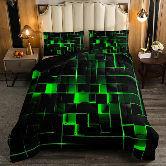 Erosebridal Green Black Comforter Set Full Size Neon Geometric Kids Bedding Set 3 Pcs Honeycomb Bed Sets Modern Quilt,1 Comforter 2 Pillow Cases Cool Room Decor, Bside Black